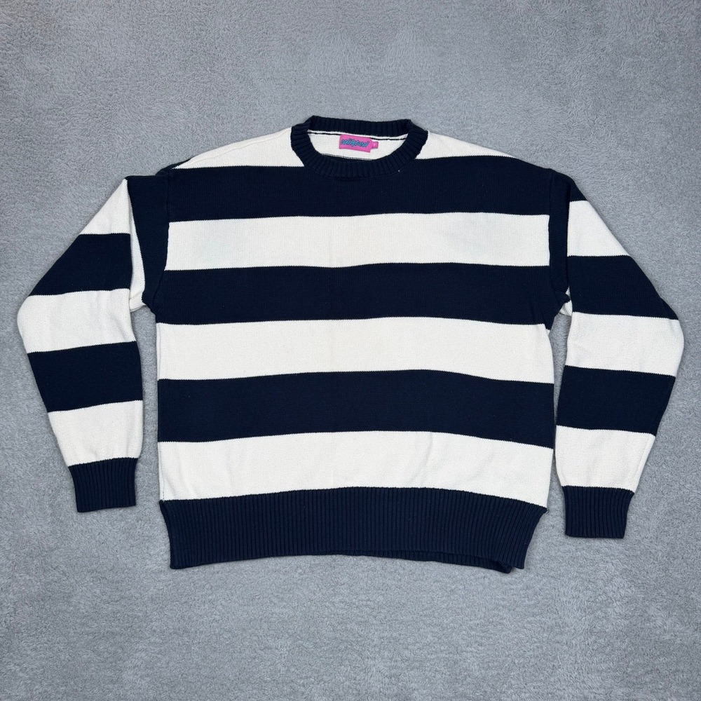 Edikted Navy Blue White Striped Crew Neck Knit Sweater Womens XS Relaxed Fit